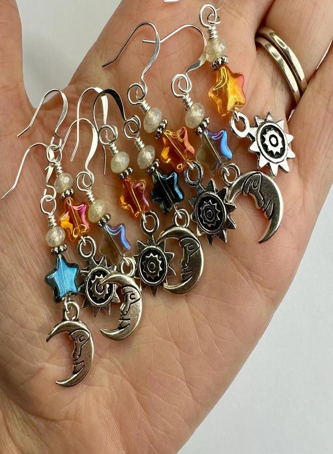 Agromusk Vintage Sun Moon Star Dangle Earrings for Women,Boho Celestial Jewelry Asymmetric Drop Earrings Silver Iridescent Orange Blue Retro Earrings Gifts(Light Blue) - Image 4